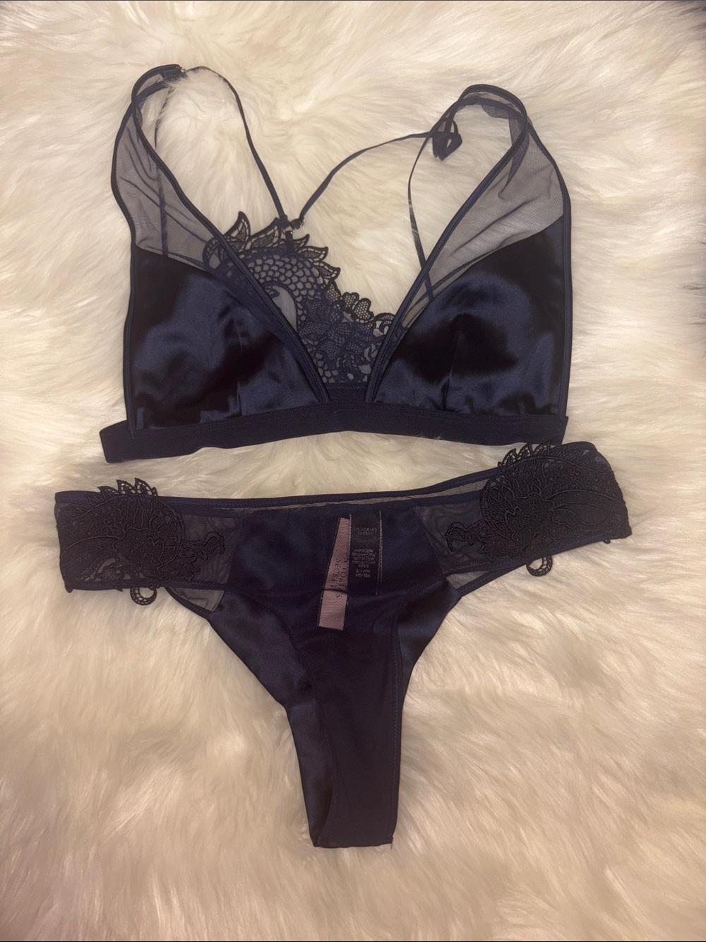 NWT Victoria’s Secret dragon navy blue lace silk-like bralette and panty set M/S